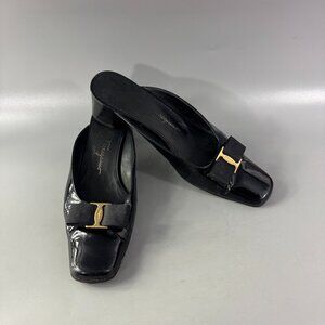Salvatore Ferragamo Patent Leather Bow Accents Mules, Size 7 B